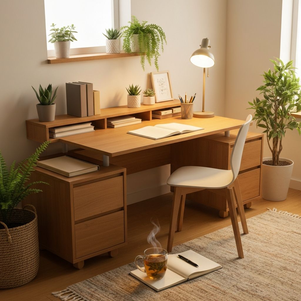 Comfortable, calm workspace with tea and plants