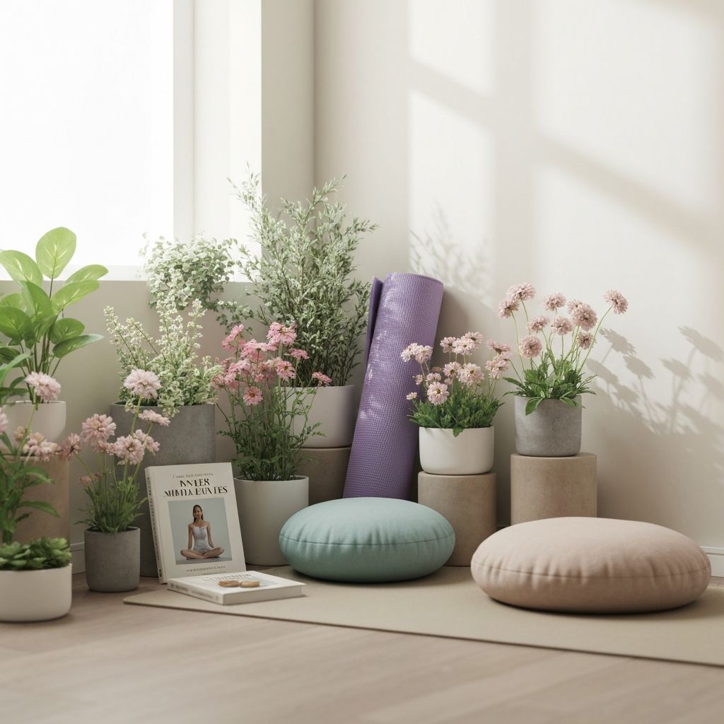 Peaceful setting with balanced natural elements and personal wellness items