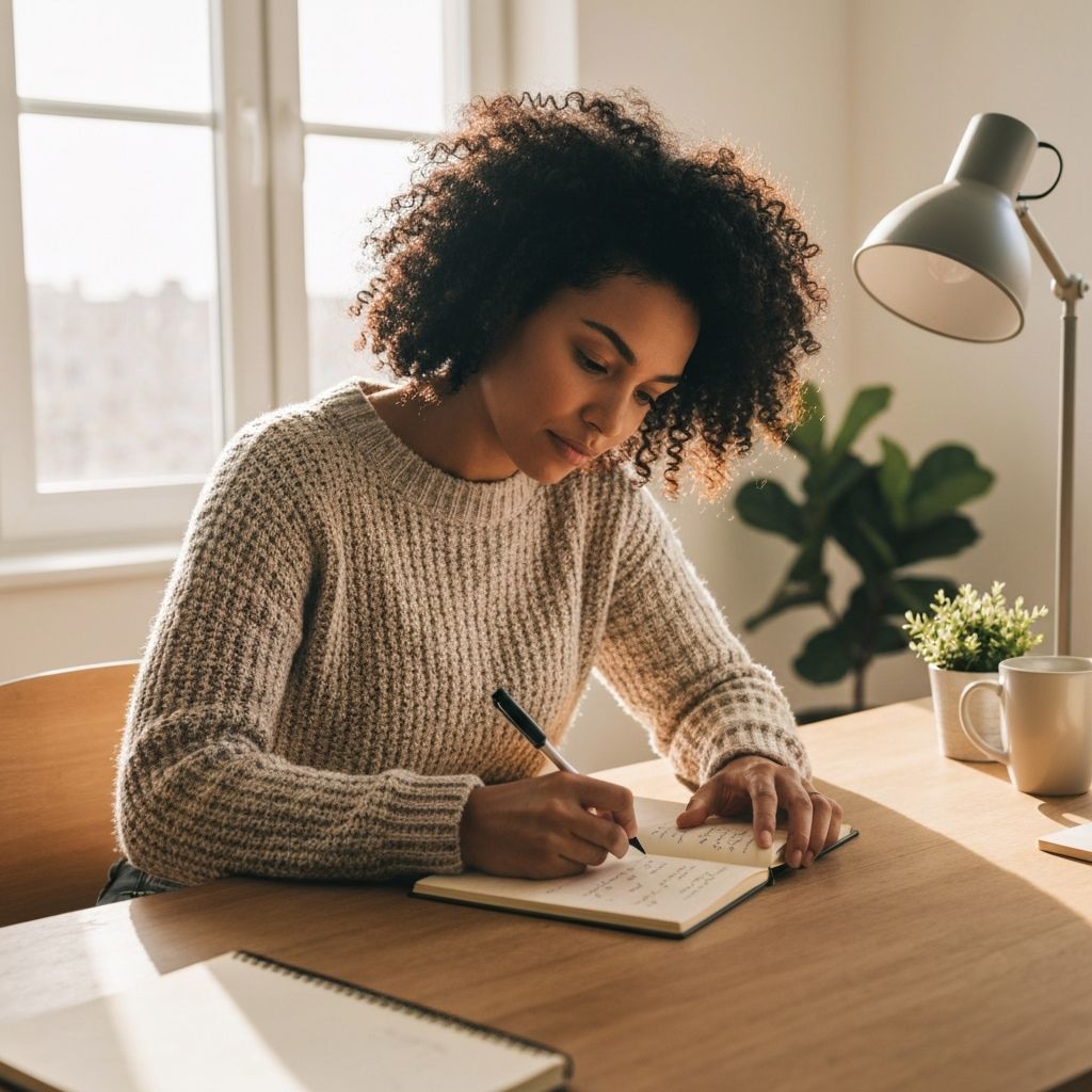 Person writing a thoughtful message or inquiry