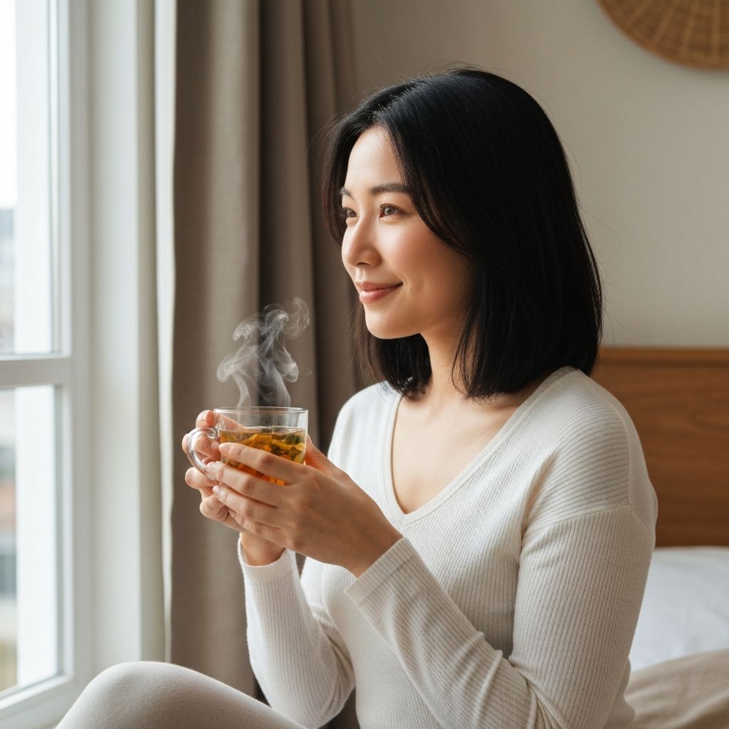 Person enjoying morning wellness routine with tea